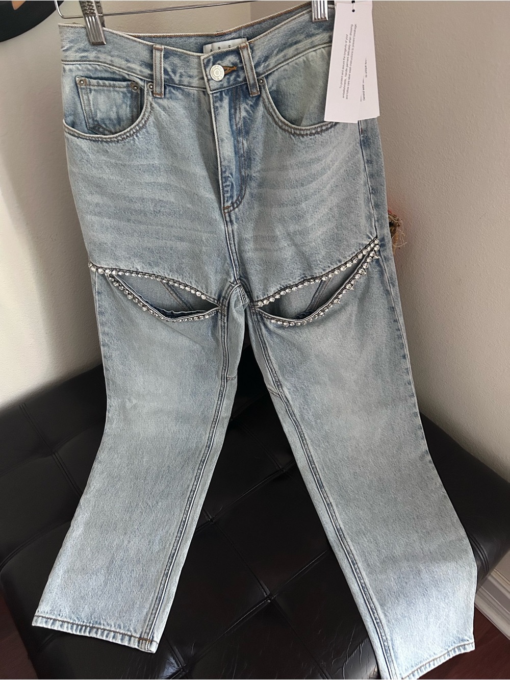 NWT AREA Crystal Slit Cotton Denim straight Leg Jeans 26 - Picture 6 of 14